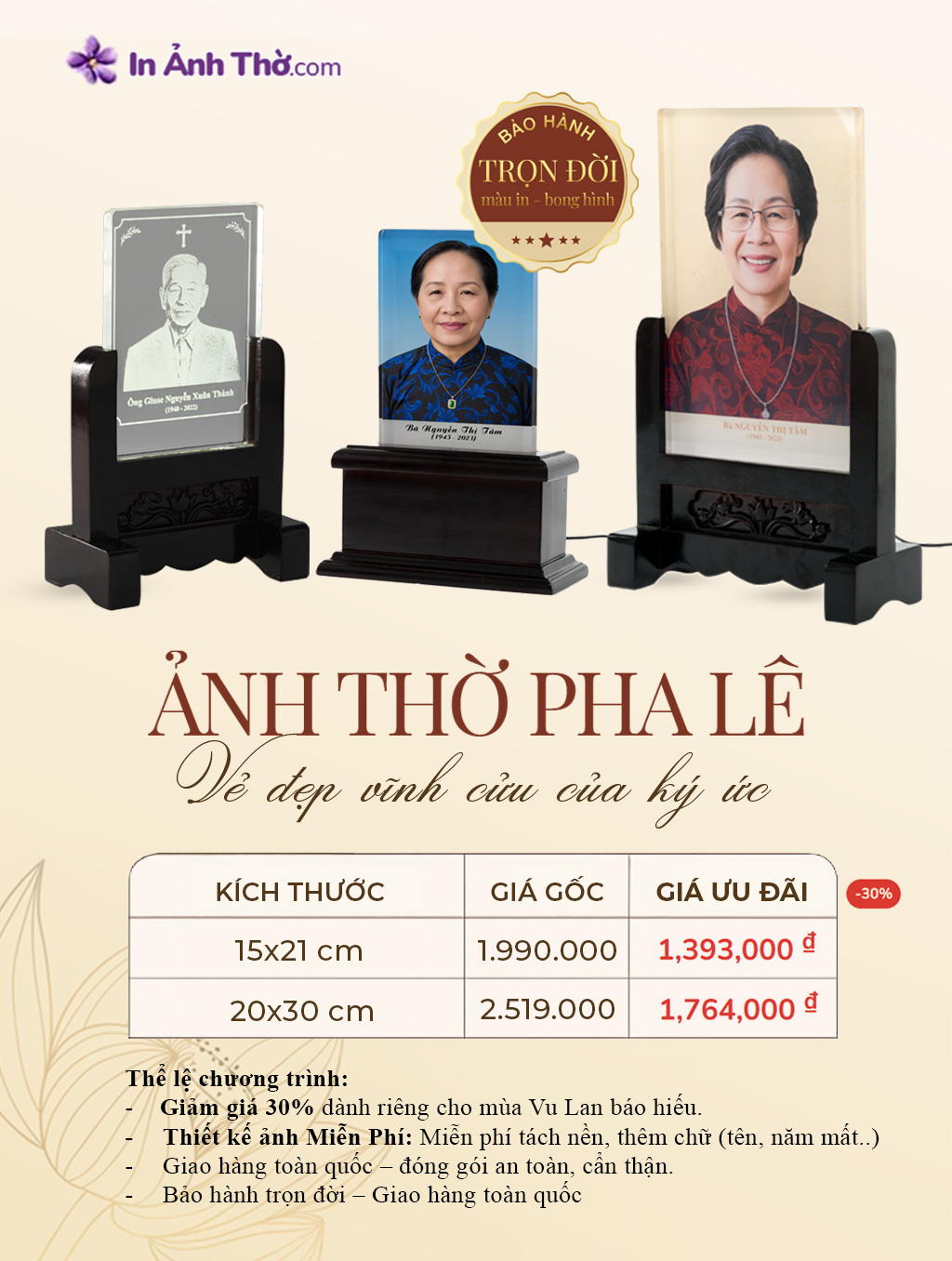Giảm 30% khi làm ảnh thờ Pha lê mùa Vu Lan Báo Hiếu