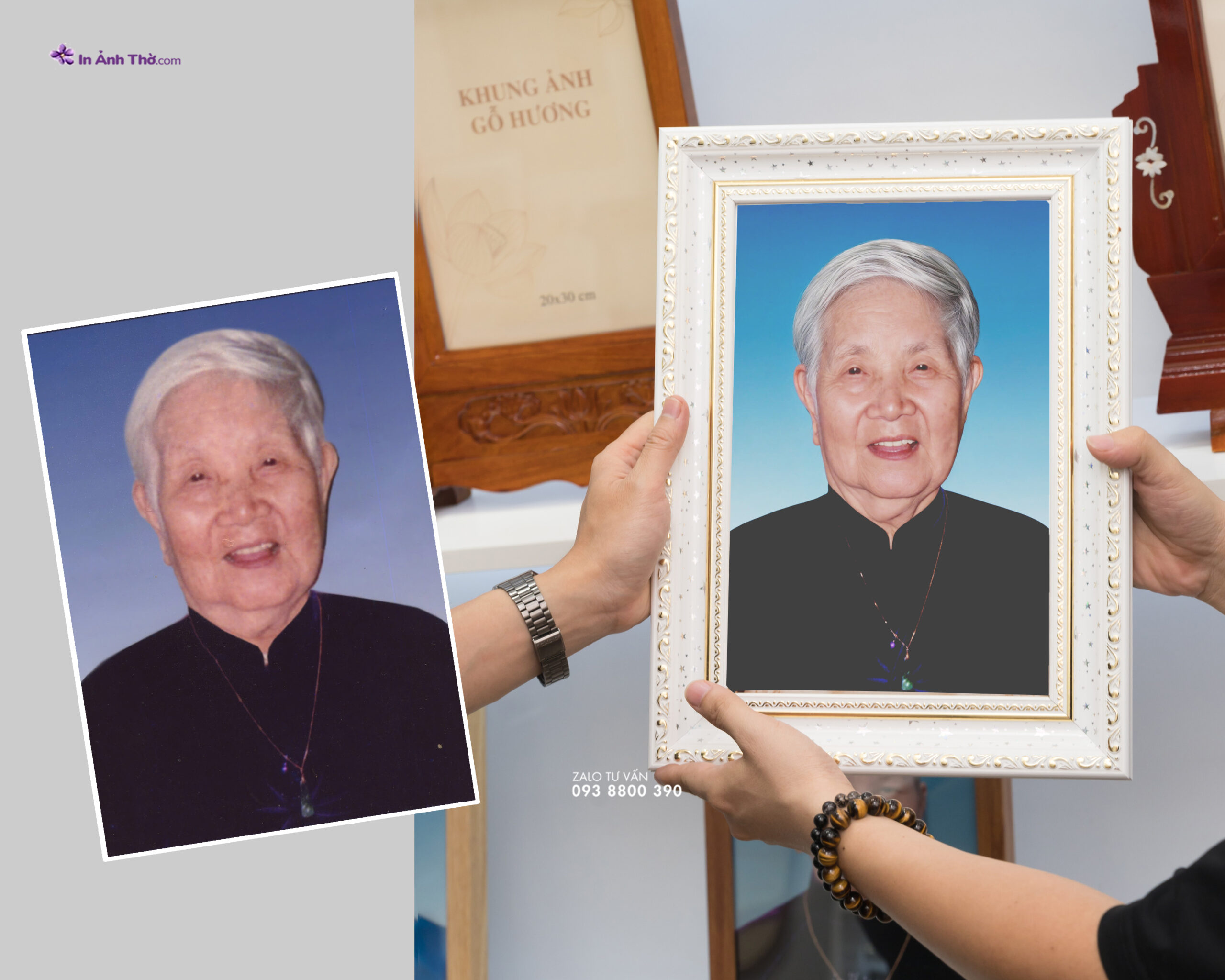 Ảnh thờ pha lê khắc laser gắn khung gỗ chạm hoa văn