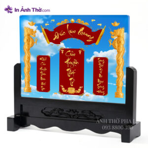 Ảnh thờ Cửu Huyền Thất Tổ pha lê cao cấp, phối nền xanh và hoạ tiết vàng sang trọng.