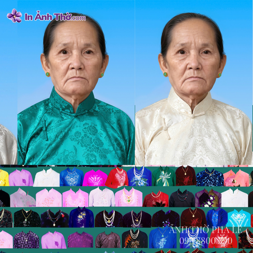 Áo dài gấm hoa văn chìm dùng trong ảnh thờ người lớn tuổi