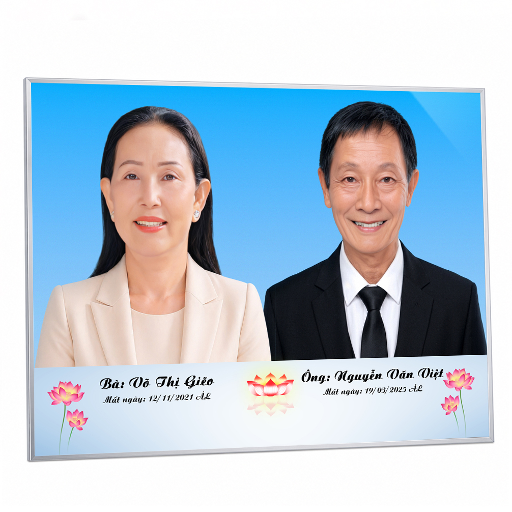 Ảnh thờ ghép đôi ông bà ép gỗ khung Titan thiết kế hoa sen nền xanh